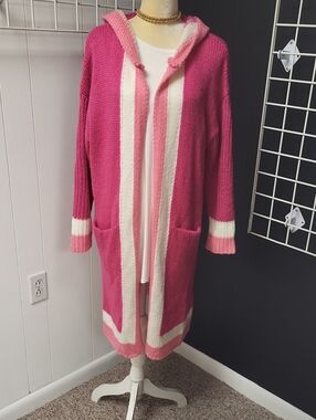 Zele Pink & White Hooded Long Knit Cardigan